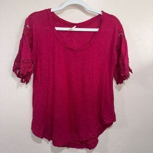 Free People Pink Lace Sleeve Tee
